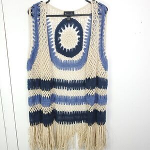 Frazzle Vest Womens L Crochet Loose Knit Fringe Granny Coastal Cottage